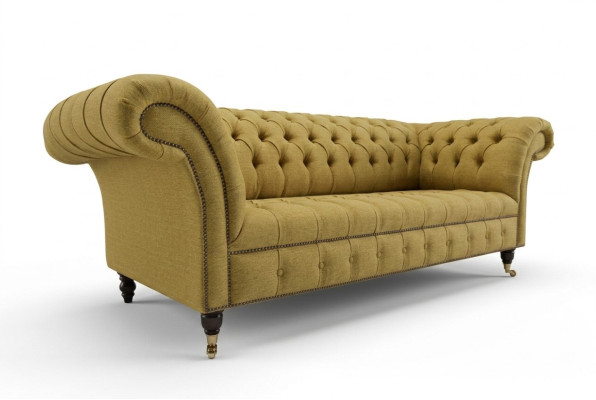 Sofá de diseño de tres plazas amarillo, cómodo, para salón, lujo, exclusivo.