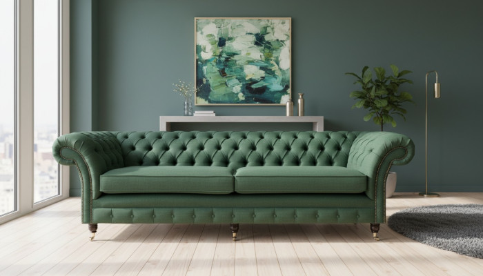 Sofá Chesterfield de botones Sofás de 4 plazas Tapizado en tela para salón Muebles de salón