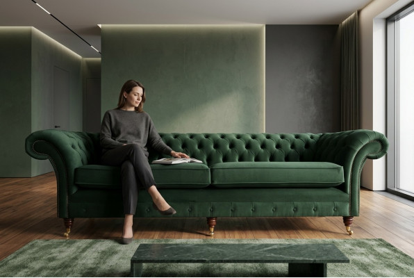 Sofá Chesterfield de tela y cuero verde con grandes cojines, asiento extra grande de 265 cm, nuevo.
