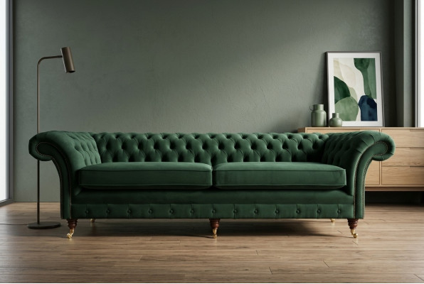 Sofá Chesterfield de tela y cuero verde con grandes cojines, asiento extra grande de 265 cm, nuevo.