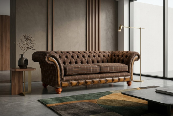 Sofá clásico Chesterfield de 3 plazas, diseño de sofás, sofás tapizados de cuero marrón.