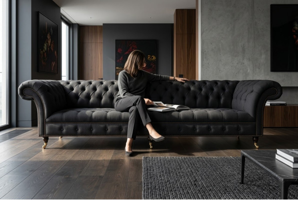 Sofá Chesterfield de tela y cuero negro con cojín grande xxl de 265cm