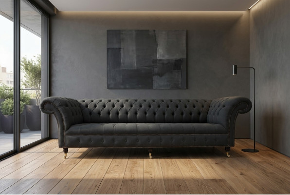 Sofá Chesterfield de tela y cuero negro con cojín grande xxl de 265cm