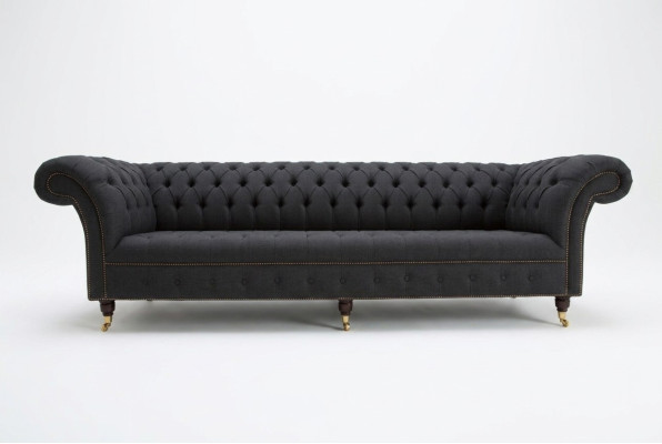 Sofá Chesterfield de tela y cuero negro con cojín grande xxl de 265cm