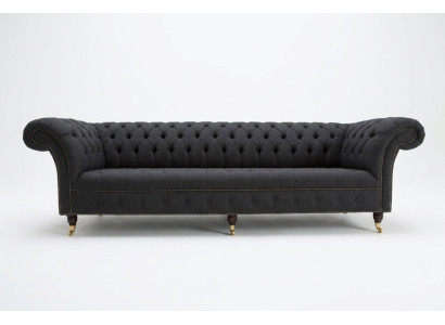 Sofá Chesterfield de tela y cuero negro con cojín grande xxl de 265cm