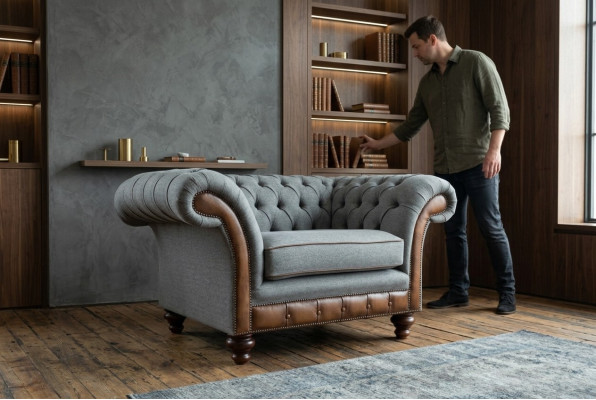 Diseño de Chesterfield Tela Tumbona Sofá Silla 1.5 Plazas Sofás Tapizados Lounge Terciopelo Gris