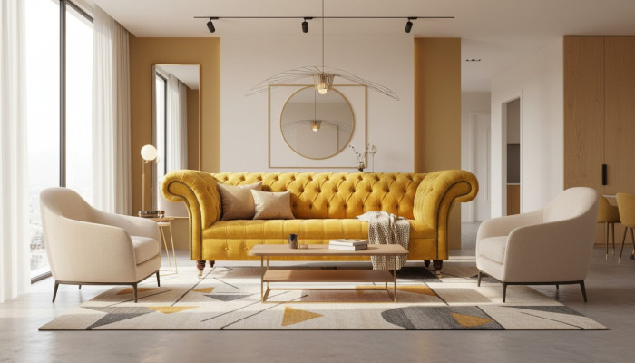 Diseñador Chesterfield amarillo de 3 plazas de lujo.