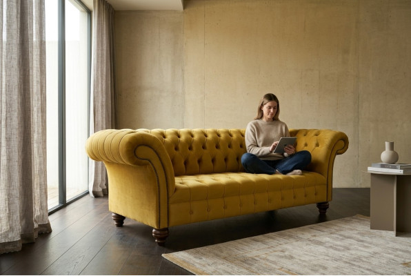 Sofá Chesterfield de diseñador, conjunto de sofá y sillón tapizado en terciopelo de 4 piezas.