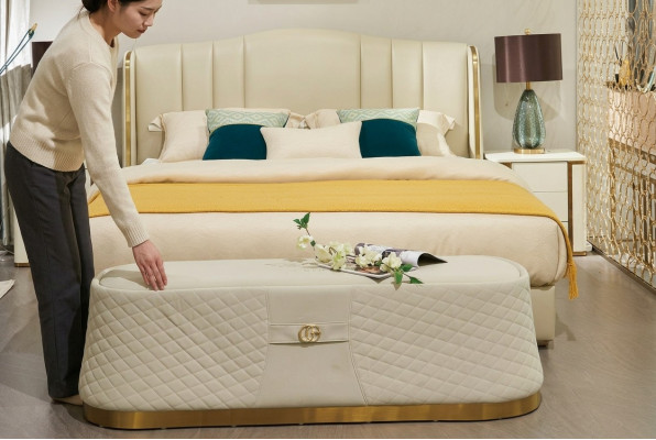 Cama Cama tapizada Diseño de dormitorio de lujo Camas Textil Cuero Estructura de cama