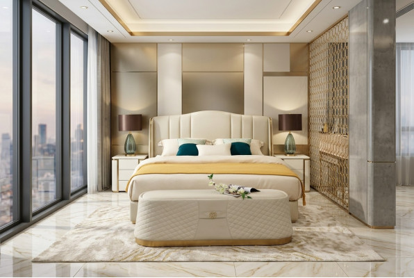 Cama Cama tapizada Diseño de dormitorio de lujo Camas Textil Cuero Estructura de cama