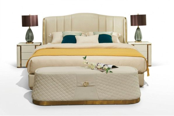 Cama Cama tapizada Diseño de dormitorio de lujo Camas Textil Cuero Estructura de cama