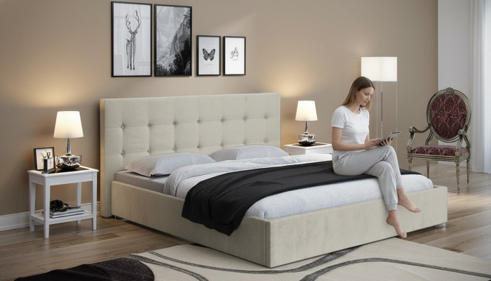 Beige 160x200 cama dormitorio camas textil cuero hotel lujo tapizado grande nuevo