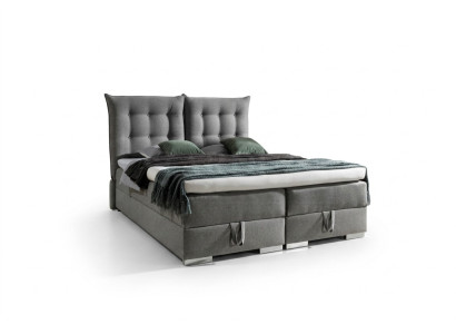 Cama box spring, diseño clásico, tapizado inglés, cama doble en beige.