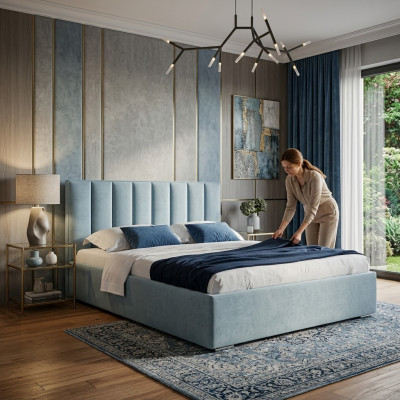 Cama azul Estructuras de cama modernas Muebles tapizados Camas de hotel de lujo Dormitorio