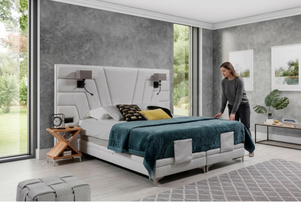 Cama camas cama de matrimonio dormitorio cuero tapizado textil hotel + lámparas