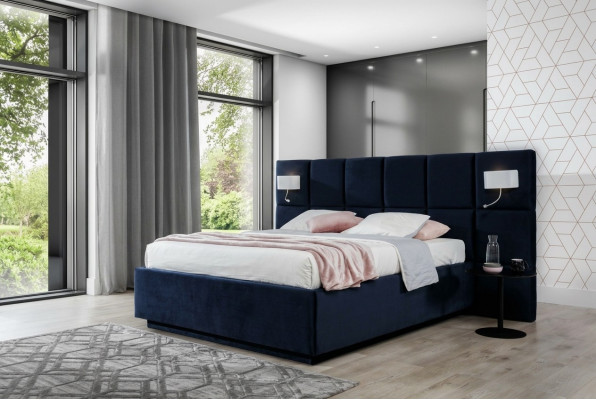 Cama doble Camas de lujo Dormitorio 200x200cm Caja de cama Tela Iluminación Nueva