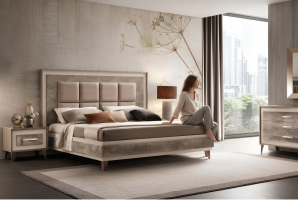 Mesa de noche de la cama, conjunto de dormitorio de 3 piezas. Lujo, moderno, completo, muebles italianos.