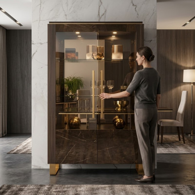 Armario de cristal Vitrina Vitrinas Armario de lujo Madera Estilo Vidrio Estante Armarios