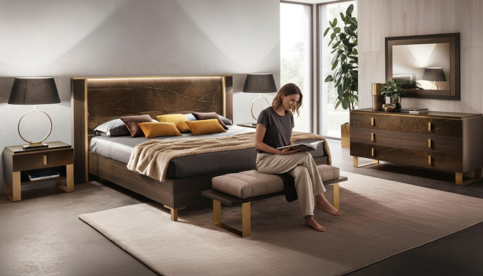 Conjunto de cama para dormitorio, diseño moderno de lujo, 2 mesitas de noche italianas de 3 piezas.