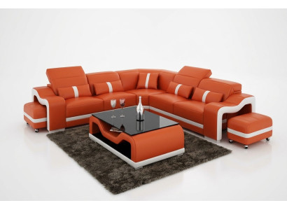 Sofá de cuero Sofá combinado en forma de L Sofá de esquina Juego de salón Diseño moderno Sofá con USB