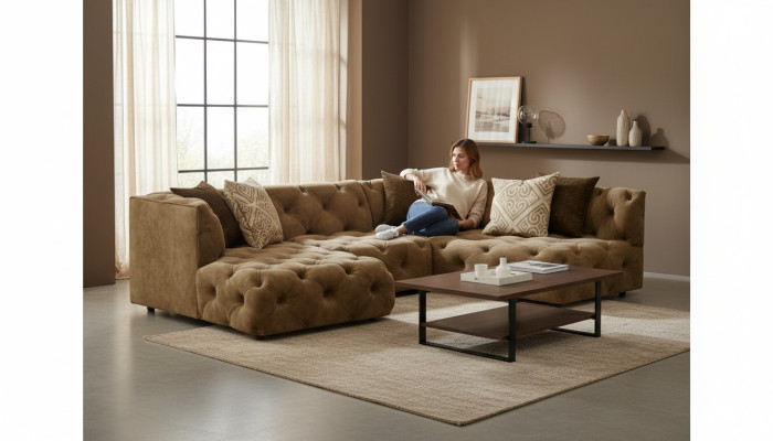 Chesterfield Sofá rinconera en forma de L tapizado en tela Sofá esquina Nuevo