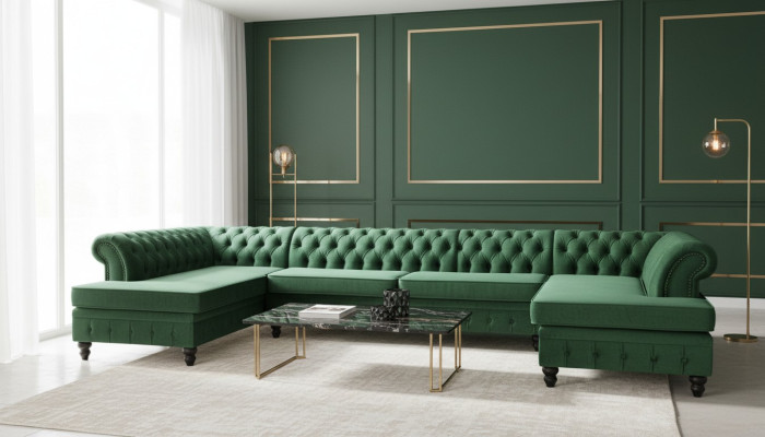 Sofá Chesterfield de salón, sofá de esquina con chaise longue extra grande en terciopelo.