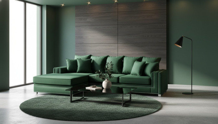Sofá esquinero en forma de L de lujo con diseño textil, conjunto de estar acolchado para muebles de sofá.