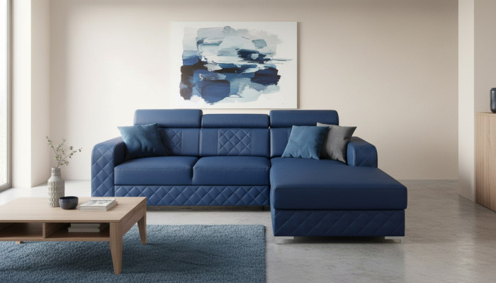 Sofá esquinero en forma de L de cuero, diseño de muebles modernos, sofá, tela de terciopelo y textil.