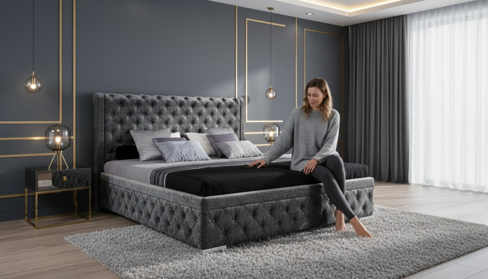 Estructura de cama de tela de lujo para cama, textil de diseño para dormitorio.