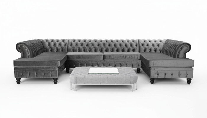 Sofá de esquina moderno de lujo en forma de U Chesterfield y mesa de centro de tela para la sala de estar