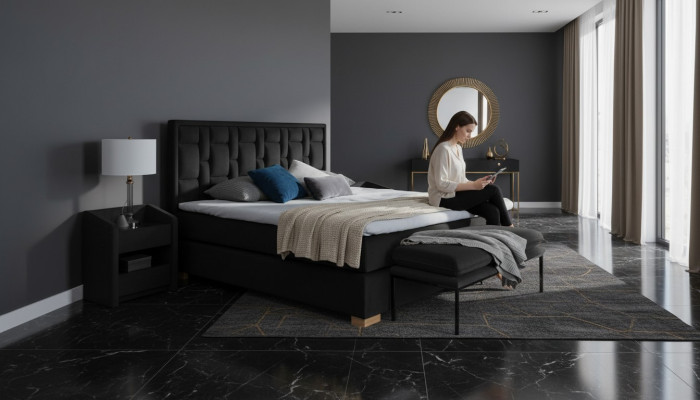 Cama boxspring de lujo negro azul dormitorio muebles diseño doble hotel