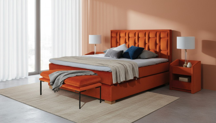 Diseño conjunto de dormitorio de cama 4 piezas. 2 mesitas de noche, 2 bancos, camas modernas.
