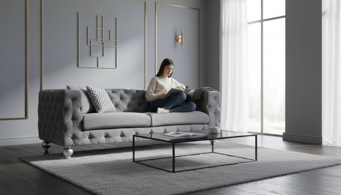 Sofá de diseño gris de tela para tres personas, sofás de terciopelo grandes xxl.