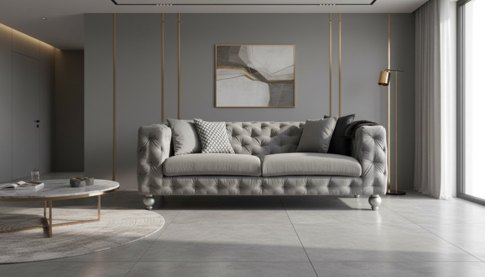 Sofá de diseño gris de tela para tres personas, sofás de terciopelo grandes xxl.