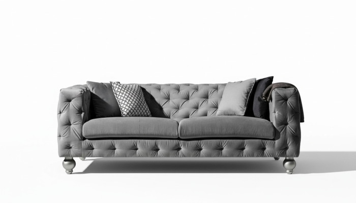 Sofá de diseño gris de tela para tres personas, sofás de terciopelo grandes xxl.