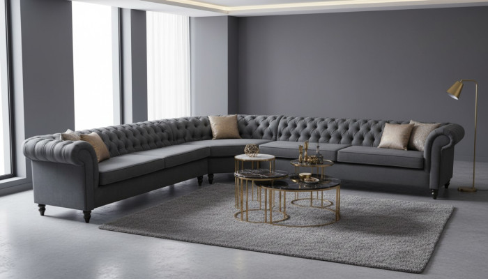Sofá de esquina Sofá Diseño Chesterfield Sofá Textil Tela Conjunto de salón Conjuntos