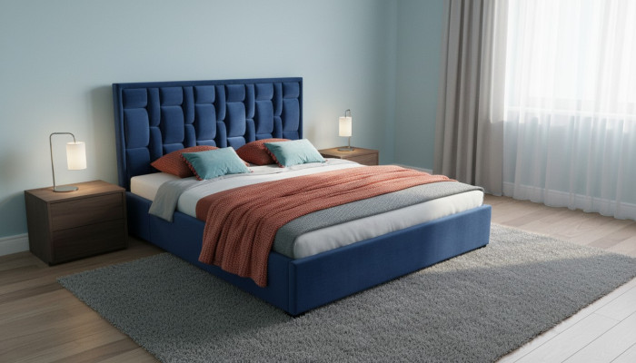 Cama azul de diseñador, diseño de dormitorio, muebles modernos de lujo, nueva estructura de cama.