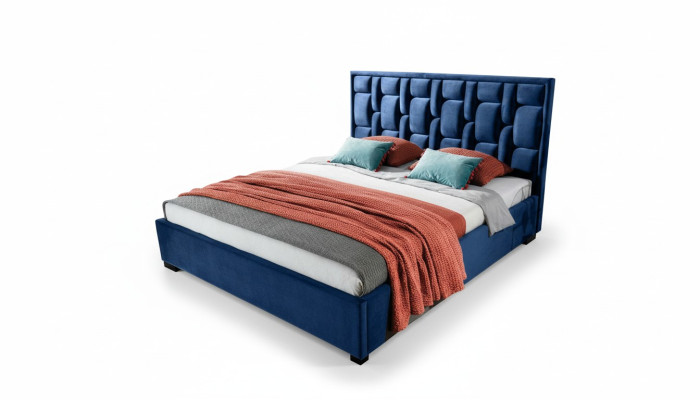 Cama azul de diseñador, diseño de dormitorio, muebles modernos de lujo, nueva estructura de cama.