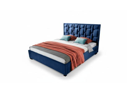 Cama azul de diseñador, diseño de dormitorio, muebles modernos de lujo, nueva estructura de cama.