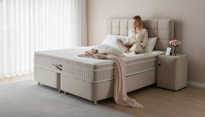 Cama boxspring de lujo de 3 piezas con mesita de noche, muebles de cama, dormitorio de lujo.