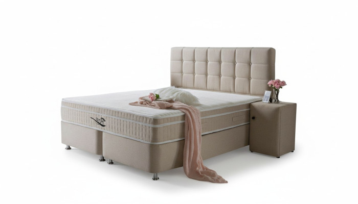 Cama boxspring de lujo de 3 piezas con mesita de noche, muebles de cama, dormitorio de lujo.