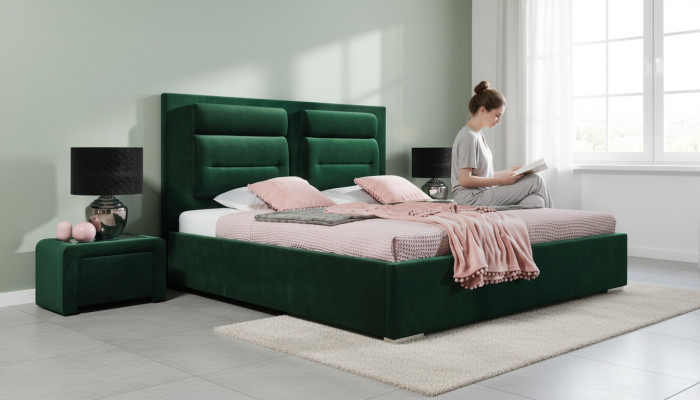 Cama de lujo con somier tapizado de diseño doble, camas verdes de hotel en muebles de dormitorio.