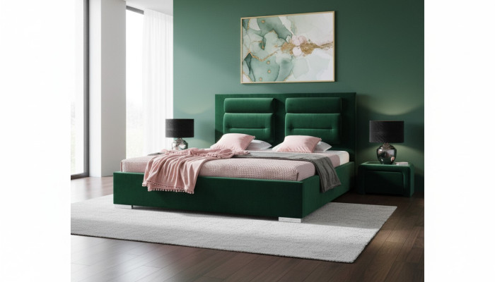 Cama de lujo con somier tapizado de diseño doble, camas verdes de hotel en muebles de dormitorio.