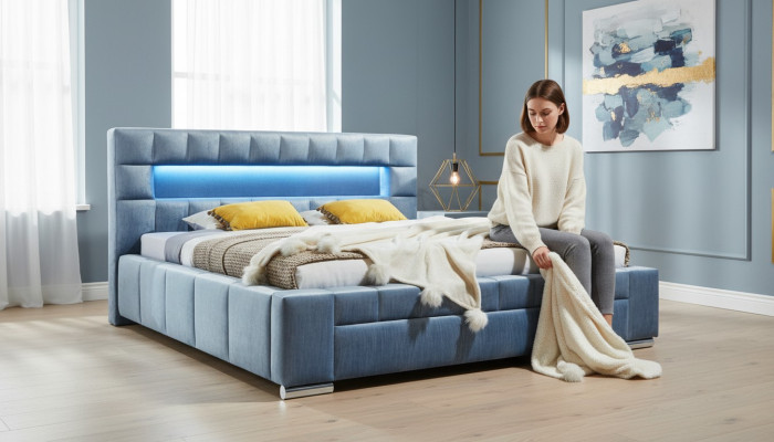 Cama Boxspring de lujo con tela de hotel azul diseño de muebles para dormitorio doble
