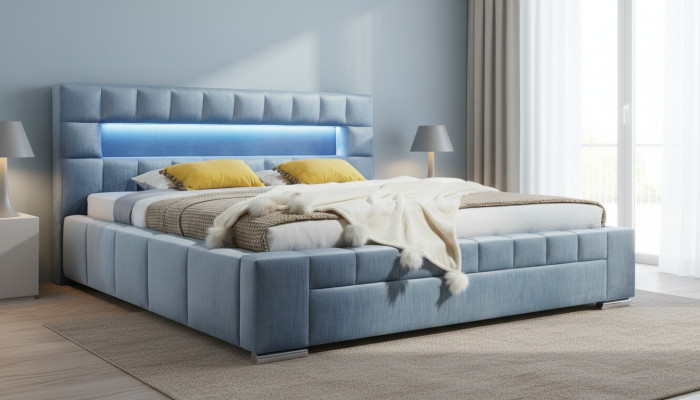 Cama Boxspring de lujo con tela de hotel azul diseño de muebles para dormitorio doble