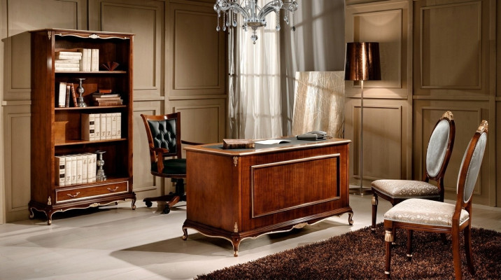 Mueble de lujo de madera, estantería clásica en estilo barroco con 1 cajón y estantes.