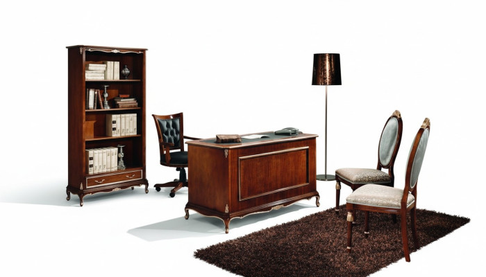 Mueble de lujo de madera, estantería clásica en estilo barroco con 1 cajón y estantes.