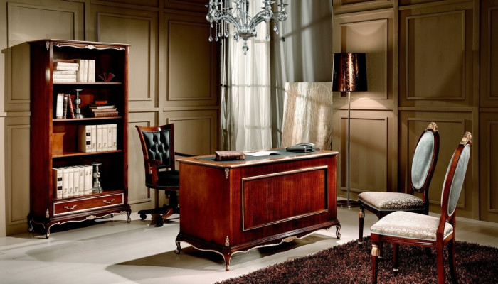 Escritorio de oficina clásico, conjunto de 2 piezas, mesa de madera y silla barroca.