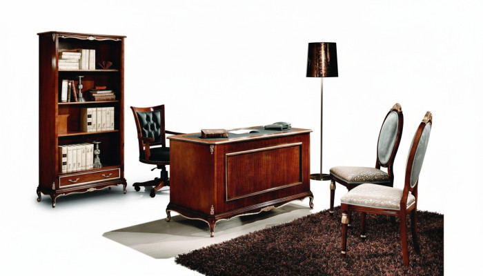 Escritorio de oficina clásico, conjunto de 2 piezas, mesa de madera y silla barroca.