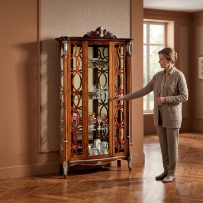 Muebles italianos de lujo diseño de madera barroco clásico estante de vitrina de cristal.